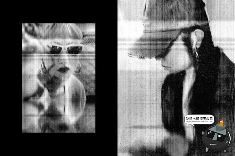 潮流复古单色黑白影印故障风拉伸扭曲图滤镜样机特效PSD模板素材-设计猿