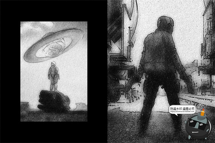 图片[6]-黑白单色素描照片线稿碳素铅笔效果海报漫画特效样机PSD模板素材-设计猿