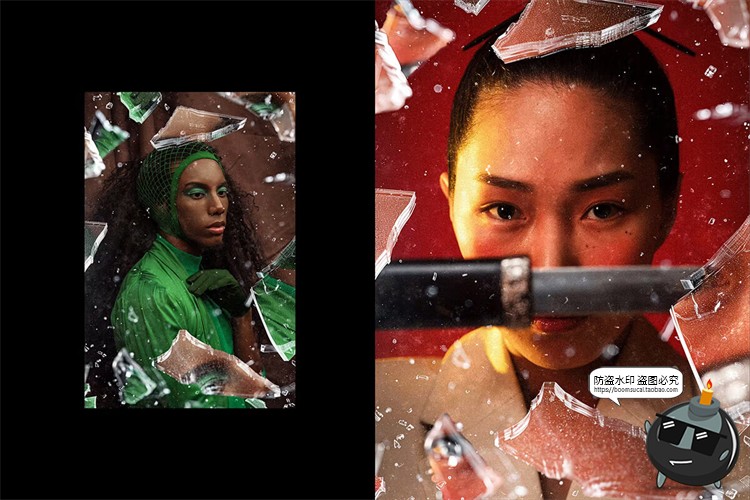 创意时尚潮流碎玻璃颗粒破裂爆炸飞溅图像照片特效样机海报PS素材-设计猿