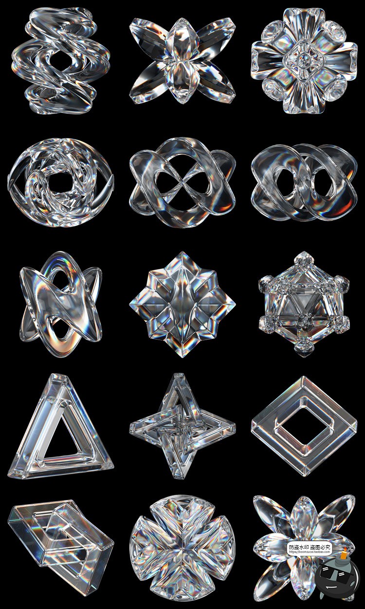 酸性透明3D水晶玻璃晶体宝石折射光泽几何图形PNG免抠图片素材-设计猿