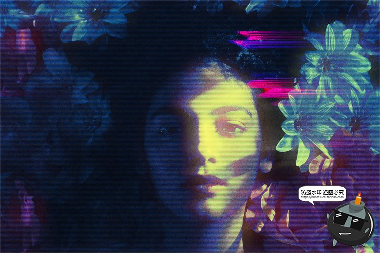 全息失真噪音干扰重叠影赛博照片效果特效滤镜PSD模板样机PS素材-设计猿