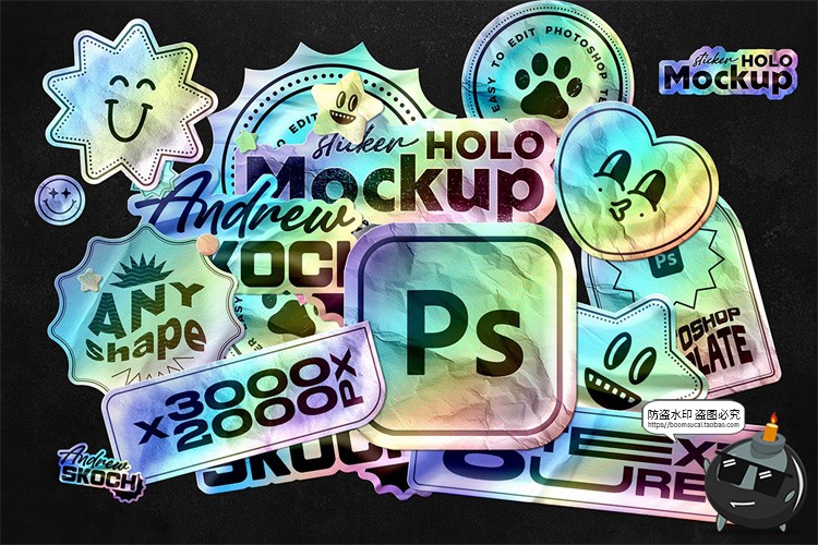 镭射褶皱全息渐变不干胶标签贴纸自定义形状贴图样机PSD模板素材-设计猿