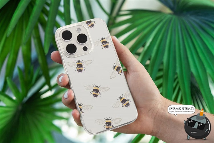 透明手机壳iPhone 15印花图案贴图场景效果图展示样机PSD模板素材-设计猿