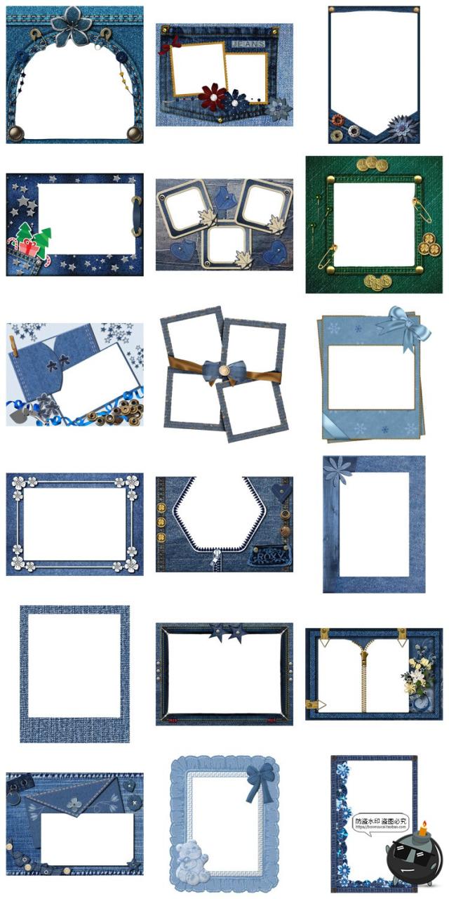 美式复古蓝色牛仔面料麻布装饰边框电子手账美工图片PNG免抠素材-设计猿