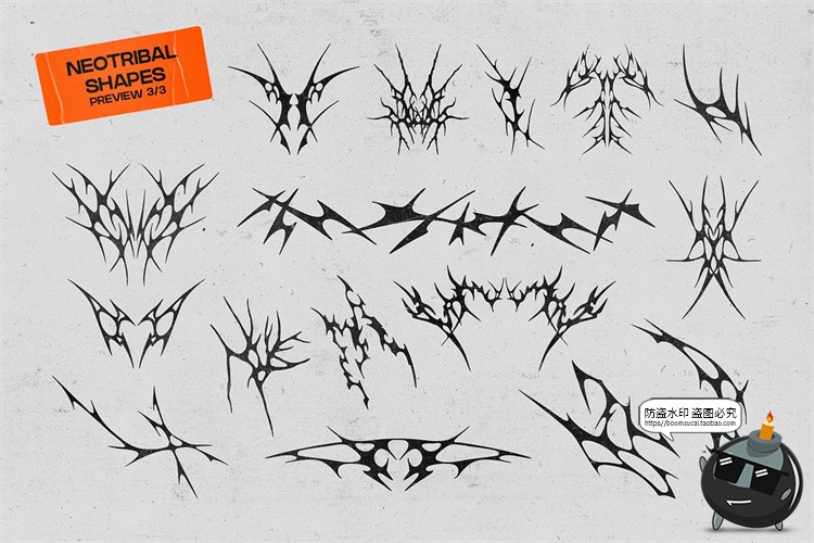 手绘潮流街头酸性赛博朋克荆棘部落图腾装饰纹身图形AI矢量素材-设计猿