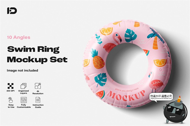 图片[1]-充气儿童游泳圈浮力救生圈印花图案贴图展示效果样机PSD模板素材-设计猿