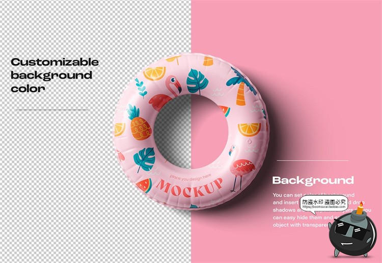 图片[3]-充气儿童游泳圈浮力救生圈印花图案贴图展示效果样机PSD模板素材-设计猿