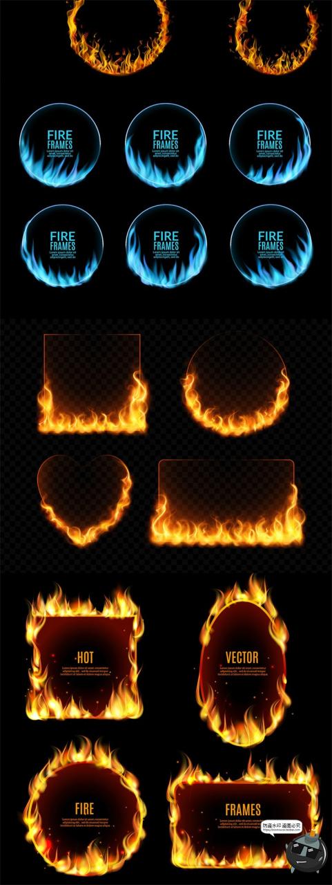 炙热圆形蓝色金色火焰圆形方形边缘火苗燃烧特效AI矢量边框素材-设计猿
