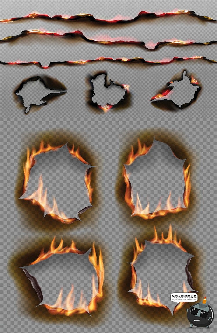 纸张边缘燃烧边框火焰灰烬余烬烧焦撕裂后期合成特效AI矢量素材-设计猿