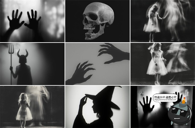 万圣节幽灵蜘蛛女巫骷髅黑白单色惊悚恐怖鬼屋背景JPG图片素材图-设计猿