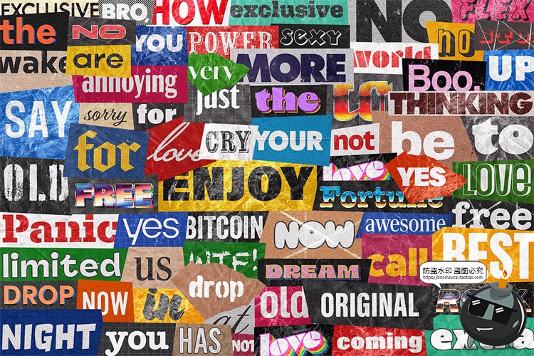 复古潮流英文字母符号短语数字剪纸艺术拼贴画PNG免抠图片素材图-设计猿