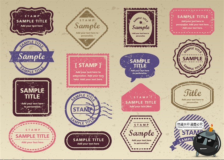 复古欧式邮票邮戳AI矢量图案边框logo手账贴纸PNG免抠美工素材图-设计猿