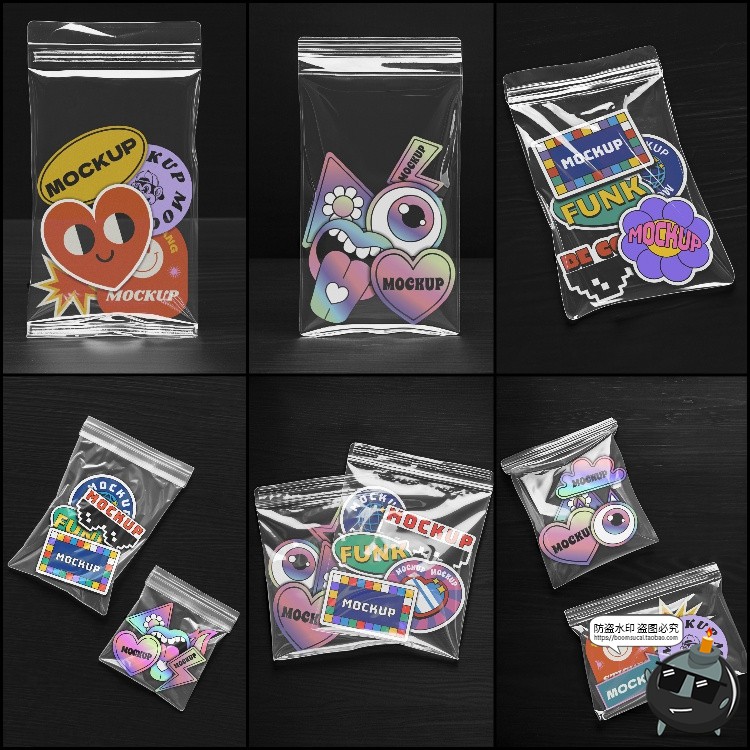图片[1]-贴纸标签透明塑料包装图形徽标图案展示样机智能贴图PSD模板素材-设计猿