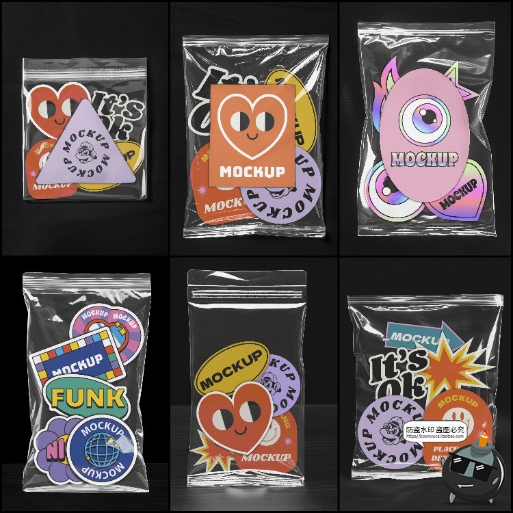 图片[2]-贴纸标签透明塑料包装图形徽标图案展示样机智能贴图PSD模板素材-设计猿