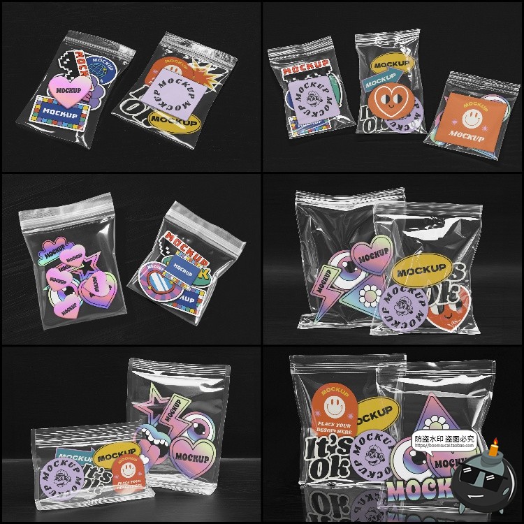 贴纸标签透明塑料包装图形徽标图案展示样机智能贴图PSD模板素材-设计猿