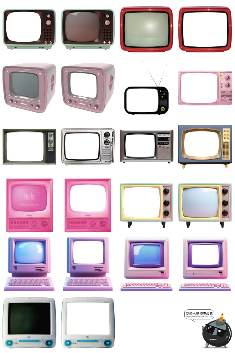 美式复古怀旧老电视边框装饰元素手账PNG免扣图贴纸饭圈美工素材-设计猿