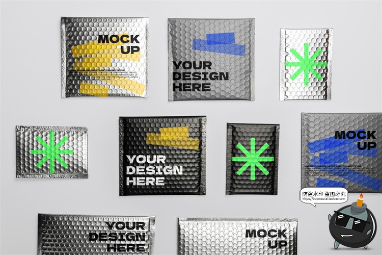 图片[1]-快递镀铝膜镭射气泡包装袋气泡快递袋印花VI效果展示PSD样机素材-设计猿