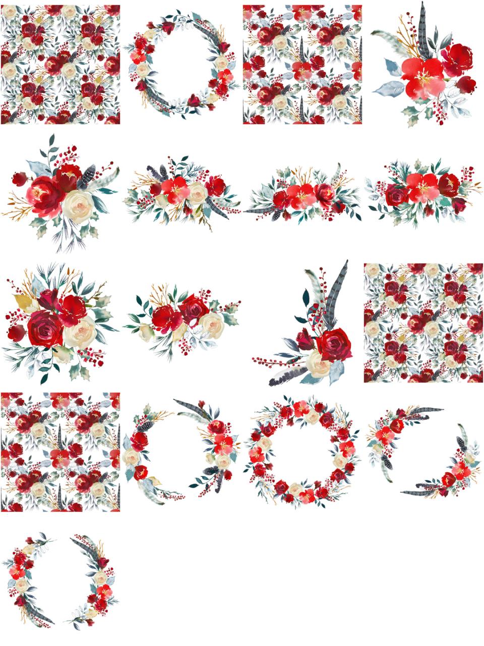 水彩油彩红色唯美手绘玫瑰花植物拼凑手账PNG免扣元素PS设计素材-设计猿