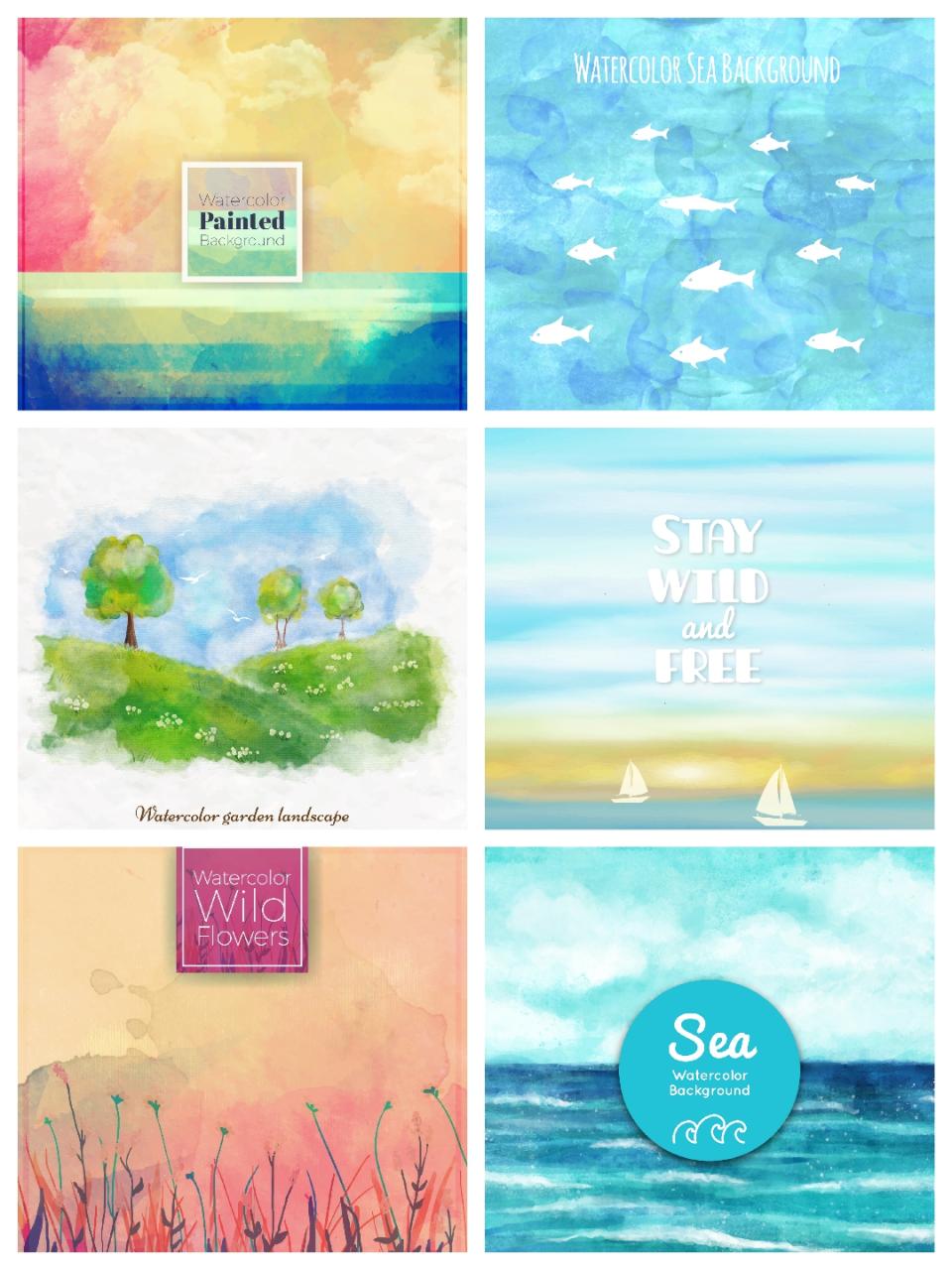 梦幻水彩手绘天空风景艺术油画插画装饰画壁纸壁画图片AI矢量素材-设计猿