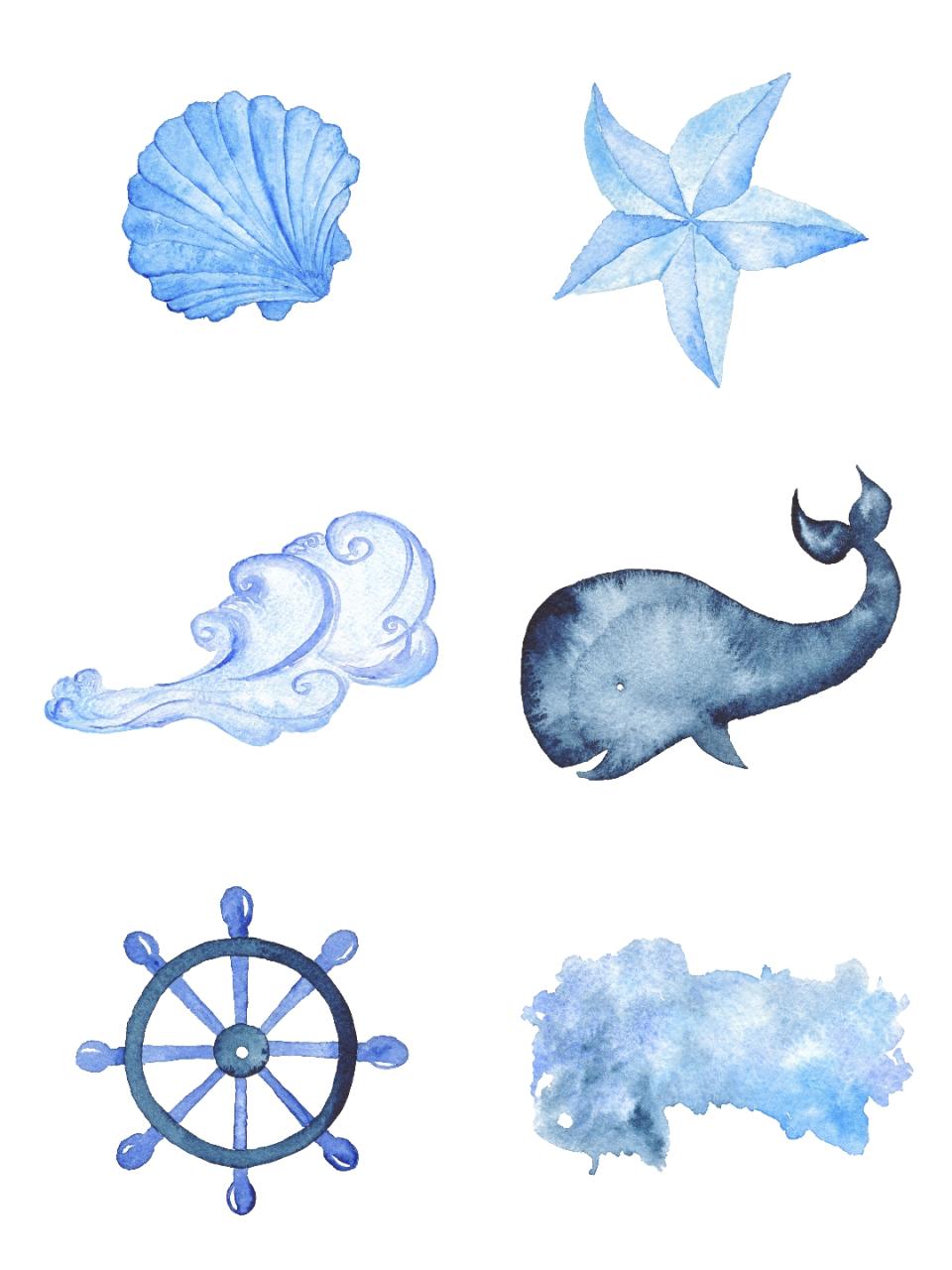 高清水彩蓝色海洋鲸鱼海星贝壳船锚帽子图片PNG免抠PS插画图素材-设计猿