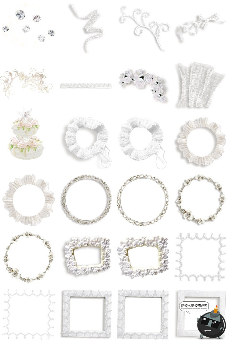 复古欧式梦幻白色蕾丝边框蝴蝶结拼贴剪贴画装饰PNG贴纸美工素材-设计猿