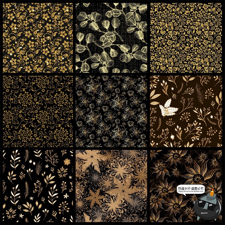 金色描金烫金线描植物花卉插画无缝装饰图案背景AI矢量JPG素材图-设计猿