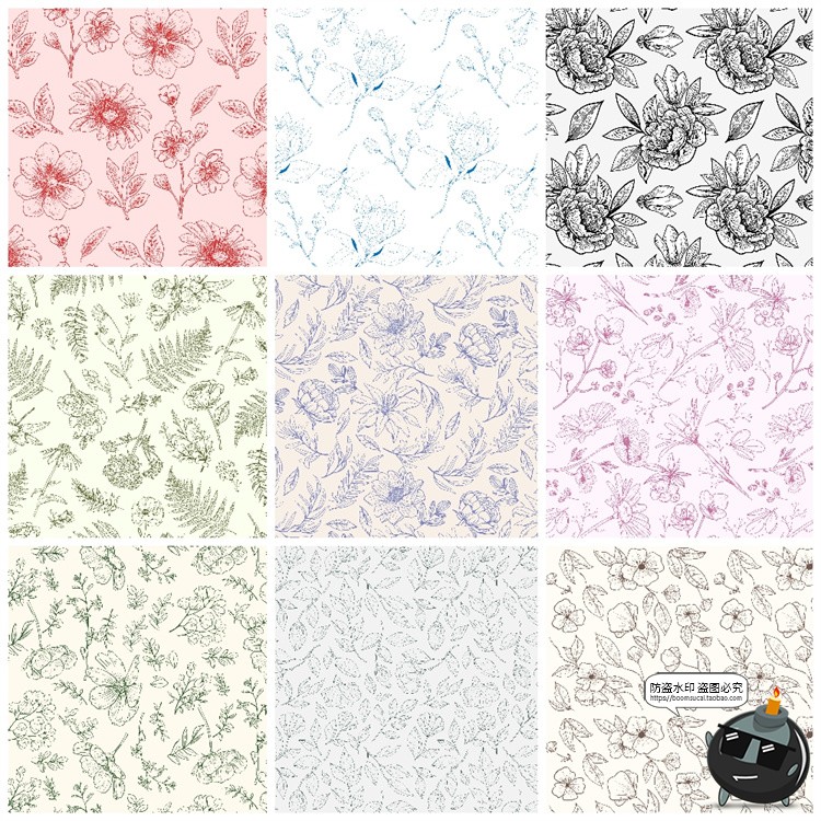 复古手绘线描花卉植物花草插画无缝平铺图案背景AI矢量JPG素材图-设计猿