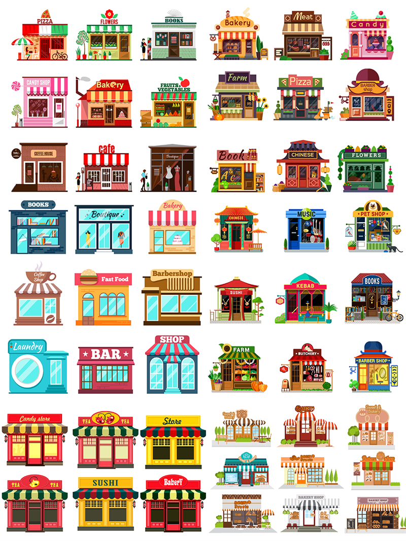 卡通房子房屋甜品咖啡面包宠物披萨商店图案PNG免扣AI矢量素材-设计猿