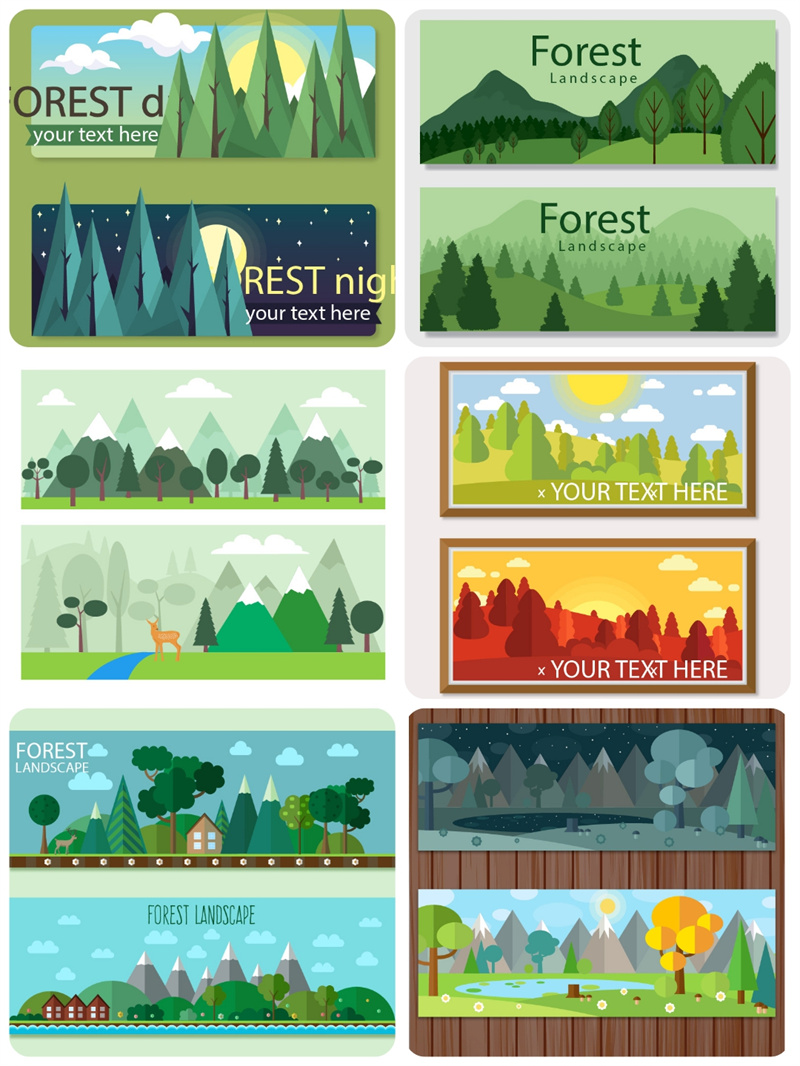 扁平化卡通可爱森林植物风景横幅插画场景背景图案矢量设计AI素材-设计猿