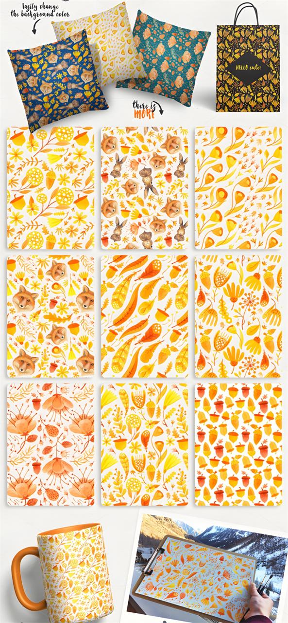 唯美秋季秋天水彩金黄色花环兔子叶子卡片PSD模板PNG免扣设计素材-设计猿