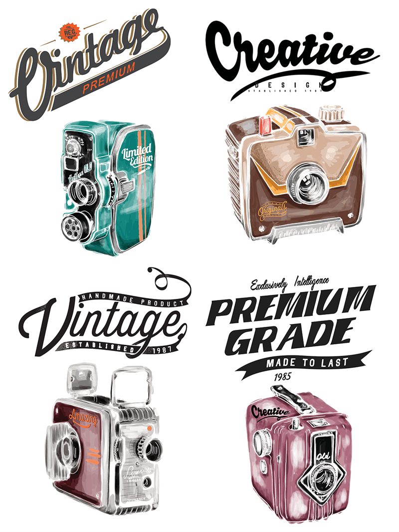 复古照相机照相馆彩色插画图案AI矢量水彩风格设计后期制作素材-设计猿