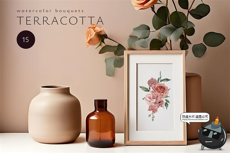 清新优雅手绘水彩红陶花朵花卉边框背景无缝图案图片PNG插画素材-设计猿