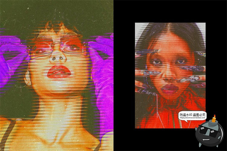 潮流复古酸性VHS影像故障褪色失真图像照片滤样机特效PSD模板素材-设计猿