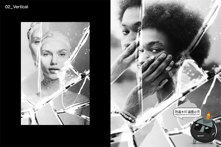 图片[6]-黑白单色透明碎玻璃折射破损裂痕碎片肌理图片特效样机PS模板素材-设计猿