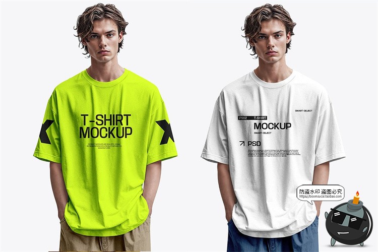 图片[2]-男款圆领短袖T恤衫模特上身效果品牌logo标识贴图PSD模板样机素材-设计猿