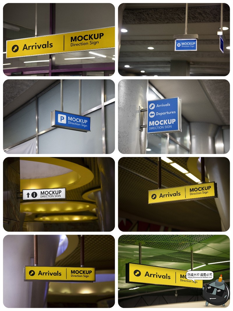 图片[1]-机场车站高铁站室内导视指示牌路牌导航VI展示样机PSD模板ps素材-设计猿