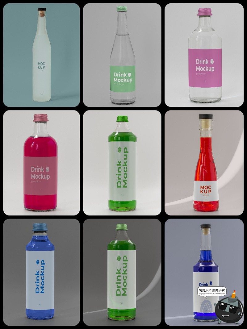 图片[1]-玻璃酒瓶果汁饮料瓶苏打水橄榄油透明包装标贴PSD贴图样机PS素材-设计猿