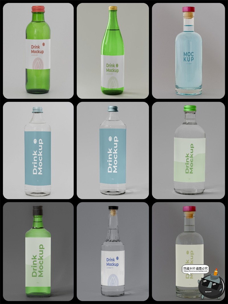 图片[2]-玻璃酒瓶果汁饮料瓶苏打水橄榄油透明包装标贴PSD贴图样机PS素材-设计猿