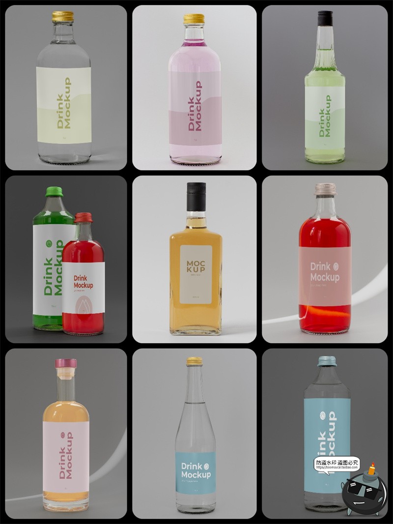 图片[3]-玻璃酒瓶果汁饮料瓶苏打水橄榄油透明包装标贴PSD贴图样机PS素材-设计猿