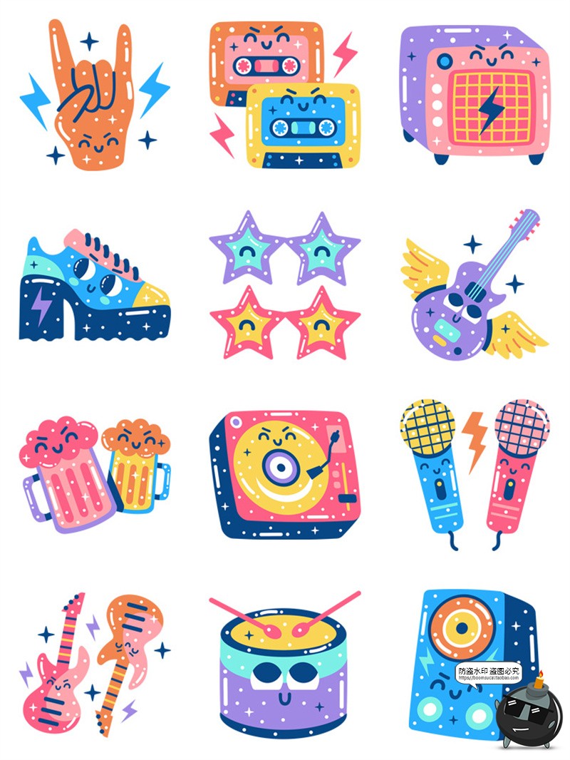 潮流Y2K可爱卡通复古音乐标签趣味流行元素插画AI矢量PNG免抠素材-设计猿
