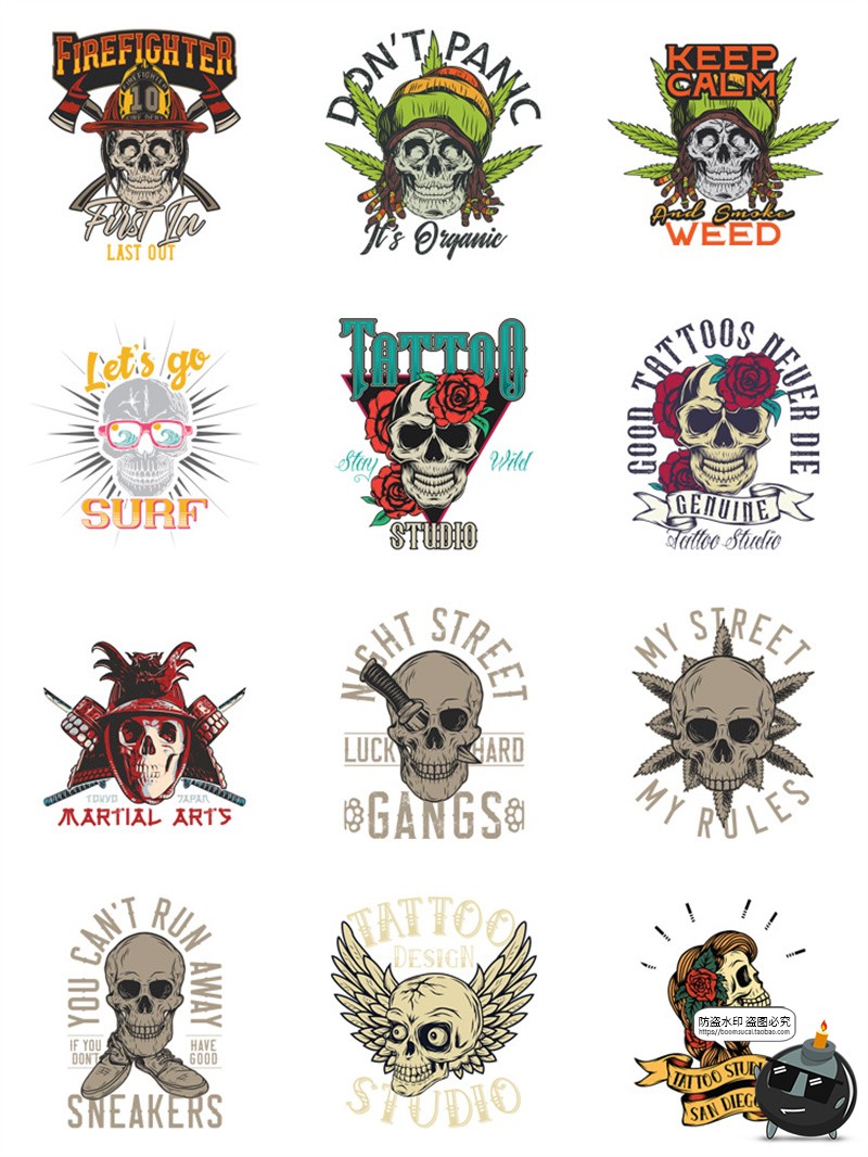 美式复古朋克骷髅头潮流插画服装印花烫印图案AI矢量PNG免抠素材-设计猿