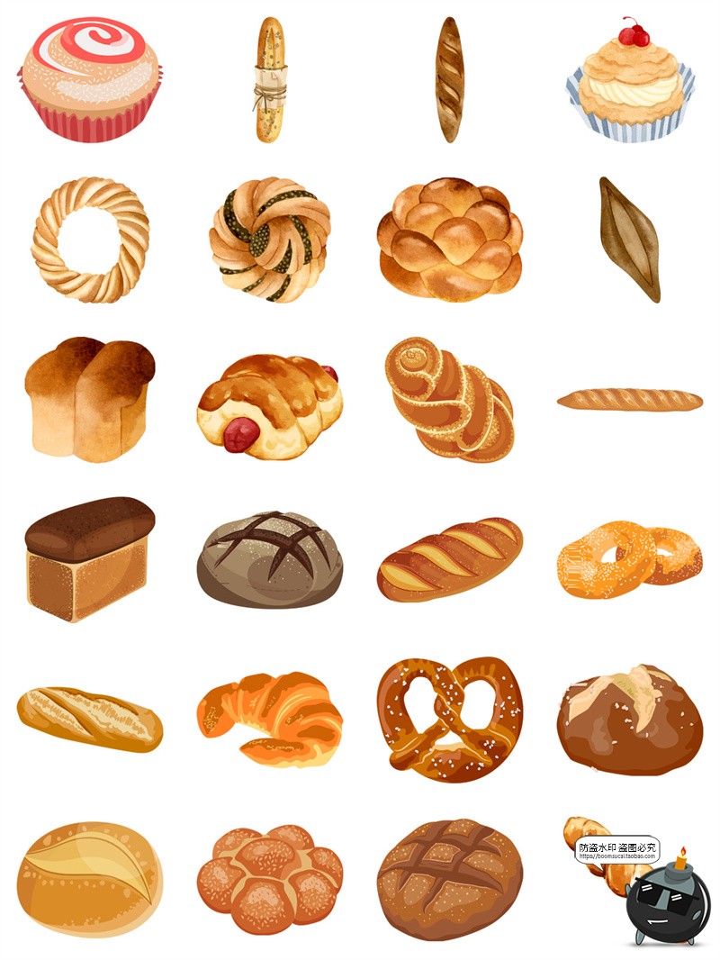 手绘卡通面包吐司甜点法棍烘焙手账插画元素AI矢量PNG免扣素材图-设计猿