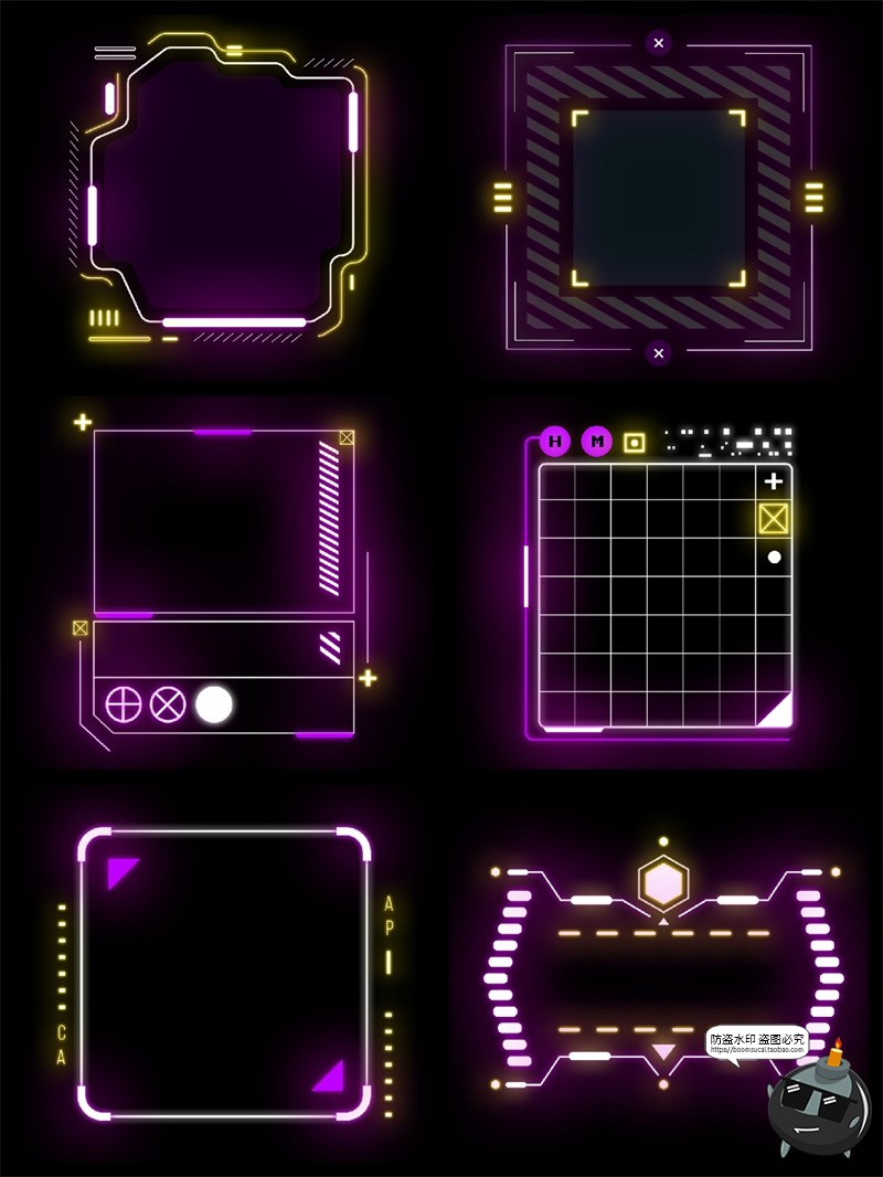 赛博朋克风未来科技感霓虹游戏框架边框提示框说明框PSD模板素材-设计猿