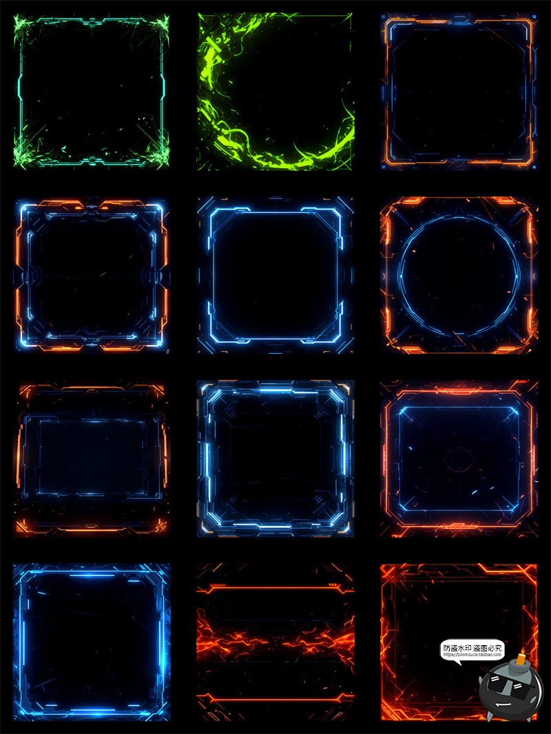 炫酷赛博朋克科技风边框美工游戏手账后期特效合成PNG免抠素材图-设计猿