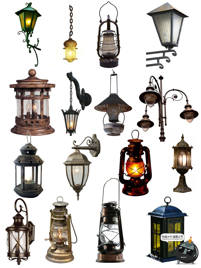 复古做旧欧式风格街灯路灯壁灯煤油灯手账装饰PNG免抠素材图片-设计猿