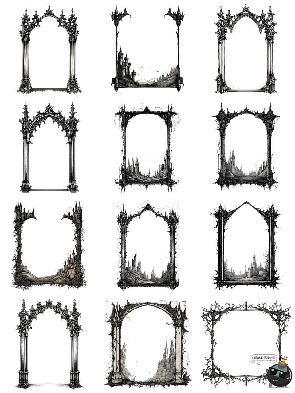 暗黑哥特风万圣节活动边框插画海报装饰剪贴画手账PNG免抠素材图-设计猿