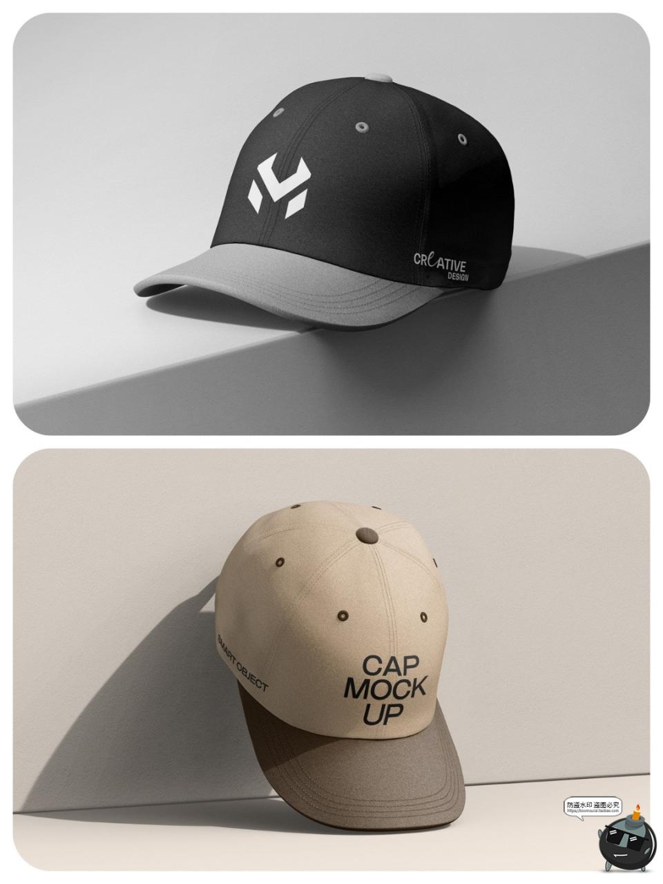 韩式棒球帽子弯檐运动鸭舌帽遮阳帽贴图效果展示样机PSD模板素材-设计猿