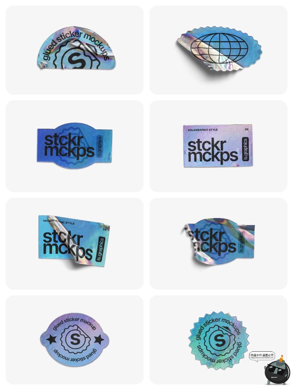 图片[1]-潮流复古怀旧异形做旧褶皱全息镭射防伪商标贴纸标签样机PSD素材-设计猿