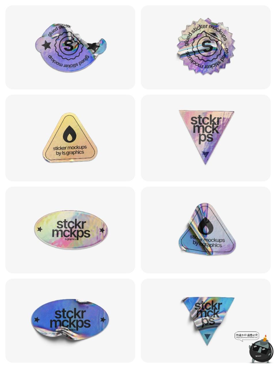 图片[2]-潮流复古怀旧异形做旧褶皱全息镭射防伪商标贴纸标签样机PSD素材-设计猿