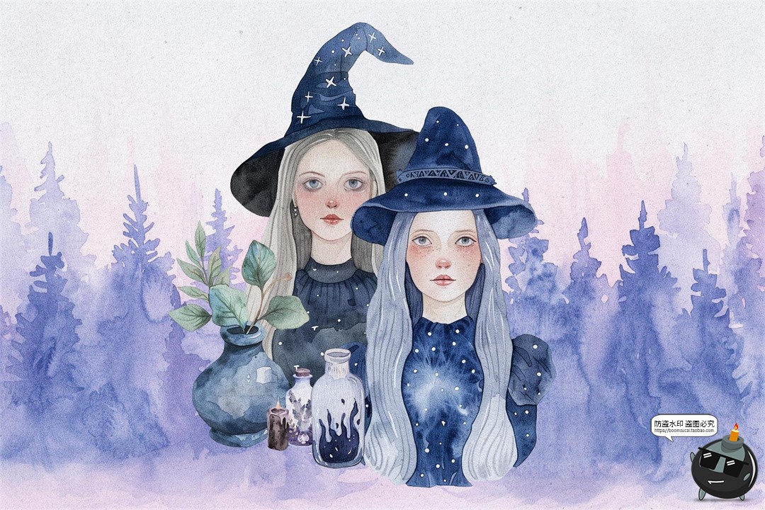 水彩女巫植物精灵蘑菇花环装饰元素手账美工拼贴图形纸张PNG素材-设计猿